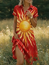 Недорогие Распечатать цветочные платья-Жен. Платье до колена Повседневное платье Платье с принтом Винтаж Классика на открытом воздухе Отпуск На выход Стандартный Загар и защита от солнца С короткими рукавами Рубашечный воротник