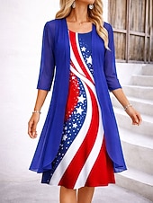  Unabhängigkeitstag Patriotisches Damen Kleid Set A-Linienkleid Elegantes Urlaub Grafik Flagge Schichtdruck Midi Kleid Halbarm Rundhals täglich Blau Rot Grün Sommer Frühling Reguläre Passform