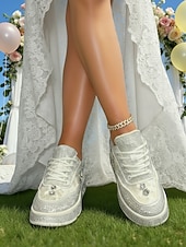 cheap Bride-Women's Silver Crystal Platform Wedding Sneakers – Modern Bridal Shoes for Outdoor Garden Weddings