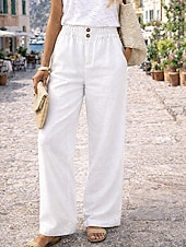 abordables Fondos-Mujer Pantalones con tacto de lino Perneras anchas Chinos Pantalones de verano Ropa de calle Básico Casual Longitud total Alta cintura Plano Bolsillo Confortable Suave Cómodo Rígido Exterior Calle