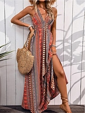 cheap Floral Dress-Women's Maxi Dress A Line Dress Slip Dress Off The Shoulder Dress Vacation Casual Outdoor Going out Regular Fit Floral Graphic Sleeveless V Neck Red Green Summer Spring
