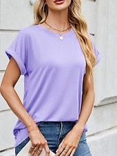 tanie gładka koszulka-Damskie Podkoszulek Koszulka Jednokolorowe Moda Elegancki Podstawowy Krótki rękaw Półgolf Zwykłe topy Codzienny Wyjściowe Weekend Czarny Rumiany róż Wino Fioletowy Zielony Lato Wiosna