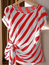 abordables Camiseta a rayas y geométrica-Mujer Camiseta Camiseta superior Estampado A Rayas Moda Elegante Clásico Manga Corta Cuello Barco Tops regulares Diario Noche Fin de semana Negro Rojo Verde Trébol Verano Primavera
