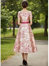 economico Abiti da cocktail-Linea ad A Lunghezza Tè Abito Formale Abiti da Cocktail Elegante Manica Corta Scollo a V Matrimonio Formale Jacquard con Fiocco/Fiocchi