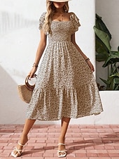 Χαμηλού Κόστους Floral φορέματα-Γυναικεία Μίντι φόρεμα Φόρεμα σε γραμμή Α Καθημερινό ΕΞΩΤΕΡΙΚΟΥ ΧΩΡΟΥ Εξόδου Τυπική εφαρμογή Φλοράλ Κοντομάνικο Τετράγωνη Λαιμόκοψη Θαλασσί Μαύρο Ρουμπίνι Βυσσινί Καλοκαίρι Άνοιξη