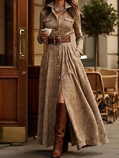 preiswerte Streifen- und geometrisches Kleid-Damen Maxikleid Shiftkleid Urlaub Lässig Boho Täglich Normale Passform Karomuster Langarm Hemdkragen Blau Gelb Rosa Rote Frühling Herbst Winter