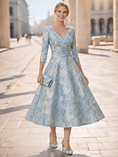  A-linje Te-lengde Cocktailkjoler Elegant Blomster 3/4 ermer V-hals Bryllup Formell Lomme Jacquard med Plissert