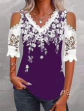 economico Bluse Floreali-Per donna Top con cuciture in pizzo Blusa Pizzo Stampato Floreale Elegante Casual Manica Corta Scollo a V Top Regolari Quotidiano Blu Nero Rosso Viola Estate Primavera