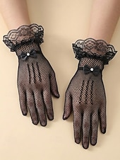 baratos Casamento ACC-Luvas femininas de poliéster com renda e efeito rede, pretas e brancas, respiráveis e elásticas, perfeitas para noivas, elegantes luvas vintage transparentes para casamentos, bailes de formatura, eventos noturnos e ocasiões formais.