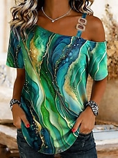 ieftine Tricou cu dungi și geometric-Pentru femei Tricou Grafic Imprimare de marmură Tropical Hawaiană Casual Manșon scurt Pe Umăr Gât asimetric Topuri lungi Zilnic Sport Ieșire Albastru piscină Galben Portocaliu Trifoi Vară Primăvară
