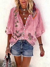 Недорогие Цветочные блузки-Жен. Рубашка С принтом Омбре Цветочный принт Графика Богемия Винтаж Повседневные Рукав 3/4 V-образный вырез Обычные топы Повседневные Праздники Одежда для пляжа