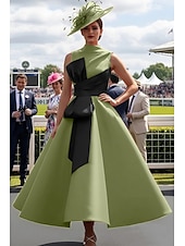 ieftine Rochii de seară cu talie empire-Haine Bal Lungime Gleznă Rochii de bal Rochii de seara Rochie De Bal Rochie formală Elegant 1950 Bloc de Culoare Fără manșon Gât Înalt Bal Invitat la nunta Satin cu Arc