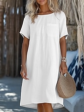 abordables Robes Fausse Essentielle-Femmes Robe Longueur Genou Coton mélangé Robe Décontractée Robe en Coton Robe T-Shirt Mode Moderne Quotidien Vacances Sortir Coupe Ample Uni Manche Courte Col ras du cou Bleu Blanche Rose Claire Vert
