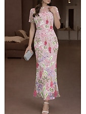 cheap Cocktail Dresses-Mermaid Trumpet Ankle Length Cocktail Dresses Elegant Vintage Floral Short Sleeve Crew Neck Wedding Formal Lace with Embroidered Flower 3D Flowers Appliques