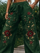  Femmes Pantalon boho Slacks Occasionnel Boho Longueur complète Naturel Fleur Avec Poches Taille Élastique Impression Confortable Extérieur Tenue quotidienne Sortir Bleu Vert Beige Été Coupe régulière