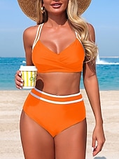 economico Bikini-Per donna Costumi da bagno Bikini Due pezzi Mutande Costume da bagno Controllo della Pancia Vita alta Snello Senza schiena Vacanza Abbigliamento da Spiaggia A righe Scollo a V Senza Maniche Costumi
