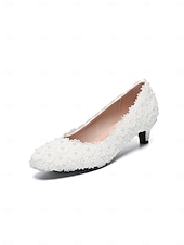 abordables novia-Zapatos de tacón bajo con cuentas de marfil para mujer, elegantes zapatos de novia para bodas en la ciudad.