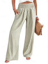 cheap Wide Leg &amp; High Waisted-Women's Wide Leg Chinos Vacation Fashion Streetwear Full Length High Waist Plaid Pocket Elastic Waistband Printing Comfy Comfort Soft Stretchy Daily Outdoor Street Blue Black Yellow Pink Spring Fall