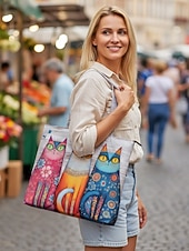 cheap Vacation &amp; Travel Bags-Women's Polyester Tote Bag, Large Capacity with Zipper, Multiple Cat Designs, Perfect for Vacations, Shopping, and Everyday Casual Use