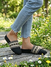 economico Zoccoli e pianelle da donna-muli ricamati bohémien arancioni da donna - slip-on etniche in tela di lino per picnic estivi, vacanze &amp;passeggiate in spiaggia