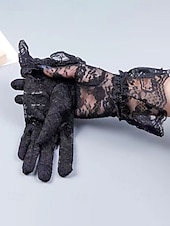 baratos Casamento ACC-Luvas femininas de poliéster com renda, design floral elegante e transparente, macias e leves, estilo clássico vintage em diversas cores, ideais para noivas, casamentos, festas noturnas, formaturas e eventos formais.