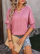 preiswerte Einfarbiges T-Shirt-Damen T Shirt Rüsche Einfarbig Vintage Stilvoll Klassisch Dreiviertelarm V Ausschnitt Normale Oberteile Täglich Schwarz Rosa Marineblau Fuchsie Grün Sommer Frühling