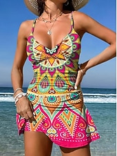 お買い得  タンキニ-女性用 スイムウェア ワンピース スカート 水着 エレガント 旅行度假风 グラフィック 幾何学模様 Ｖネック ノースリーブ 水着