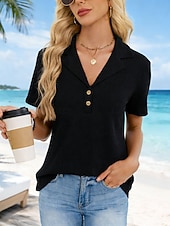 economico Bluse Semplici-Per donna Camicia popover Camicia Estiva Camicia casual Blusa Tinta unica Elegante Vacanza Casual Manica Corta Collo ripiegato Top lunghi Quotidiano Spiaggia Ferie Blu Nero Viola Beige Estate