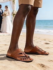 abordables sandalias-Sandalias elegantes de piel sintética para hombre: diseño de correa ajustable, ideales para bodas en la playa y eventos al aire libre.