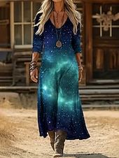 abordables Vestido Boho Étnico-Mujer Vestido largo maxi Vestido vintage Vestido informal Vintage Diario Exterior Vacaciones Ajuste regular Galaxia Manga Larga Escote en Pico Azul Piscina Primavera Otoño