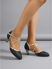 olcso 1920-as évek &amp; Gatsby-korszak-női fekete csillámos Mary Jane magassarkú – az 1920-as évek elegáns, keresztbe tett, bokapántos, blokksarkú cipője ezüst szegéllyel szalagavatókra, esküvőkre és esti rendezvényekre