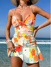 economico Tankini-Per donna Costumi da bagno Intero Gonna Costume da bagno Elegante Vacanza Grafico Geometrico Scollo a V Senza Maniche Costumi da bagno