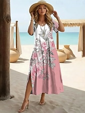 preiswerte Blumenkleider-Damen Maxikleid Freizeitkleid A Linie Kleid Druckkleid Mode Modern Outdoor Strand Urlaub Lässiger Schnitt Blumen Grafik Kurzarm V Ausschnitt Rosa Sommer Frühling