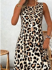 cheap Stripe&amp;Geometric Dress-Women's Midi Dress Casual Dress Sundress Shift Dress Fashion Basic Classic Daily Outdoor Vacation Regular Fit Leopard Sleeveless Crew Neck Brown Summer Spring