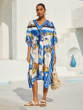 preiswerte Blumenkleider-Ozeanblauer Orchideen-Seidensatin-Kaftan