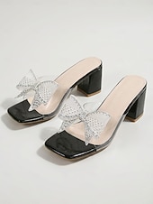 abordables Mujeres-Sandalias negras de tacón cuadrado para mujer con lazo de malla de diamantes de imitación: elegantes sandalias con tiras transparentes y punta cuadrada para noches de resort, cenas y bodas de verano.