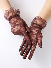 baratos Casamento ACC-Luvas femininas de poliéster com renda, design floral elegante e transparente, macias e leves, estilo clássico vintage em diversas cores, ideais para noivas, casamentos, festas noturnas, formaturas e eventos formais.