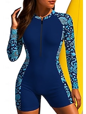 お買い得  ワンピースラッシュガード-女性用 レギュラー ラッシュガード 水着 ボイレグ フラワー トロピカル風 ジッパーを閉める 取り外し式パッド フロントファスナー UVサンプロテクション UPF50+ 超軽量(UL) 長袖 スイムウェア ラッシュガード サーフィン ビーチ ウォータースポーツ 夏