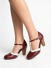 billige Mor til bruden/groom-Damesko i burgunder og hvitt med t-stropper – elegante retro pumps med mellomhøy hæl og tofarget tilskuerdesign til brudens mor, innendørs kirkeseremonier og formelle mottakelser