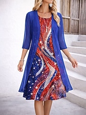 preiswerte Unabhängigkeitstag Kleid-Unabhängigkeitstag Patriotisches Damen Kleid Set A-Linien Kleid Elegant Urlaub Grafische Flagge Lagen Druck Midi Kleid Halblangarm Rundhals Alltag Blau Weiß Rot Sommer Frühling Reguläre Passform