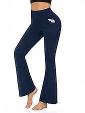abordables Leggings unis-Femmes Pantalons Pantalon décontracté leggings évasés Vacances Mode Streetwear Longueur complète Taille haute Uni Avec Poches Taille Élastique Confortable Élastique Quotidien Yoga Sport &amp; Loisir Noir