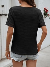 voordelige Effen Blouses-Dames T-shirt Kant Lapwerk Effen Modieus Stijlvol Klassiek Korte mouw V-hals Normale tops Dagelijks Uitgaan Weekend blauw Zwart Wit Leger Groen Groen Zomer Lente