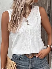 cheap Plain tee-Women's Tee Eyelet top Buttons Solid Color Elegant Vintage Stylish Sleeveless V Neck Regular Tops Daily Going out Vacation Wear Black White Yellow Dusty Rose Sky Blue Summer Spring