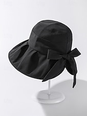 رخيصةأون اكسسوارات العطلة-قبعة شمسية نسائية من البوليستر بحافة عريضة مزينة بفيونكة، قابلة للطي لحماية من الأشعة فوق البنفسجية، متوفرة بألوان متعددة، لون أنيق مناسب لعطلة الربيع والارتداء اليومي غير الرسمي