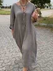 Χαμηλού Κόστους Βασικά Ψεύτικα Φορέματα-Γυναικεία Μίντι φόρεμα Λινό από ψεύτικο βαμβάκι Καθημερινό φόρεμα Κομψό Μοντέρνα ΕΞΩΤΕΡΙΚΟΥ ΧΩΡΟΥ Διακοπές Εξόδου Κανονικό Σκέτο Κοντομάνικο Λαιμόκοψη V