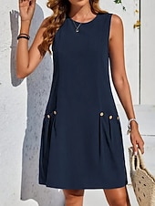 cheap Plain Dress-Women's Midi Faux Cotton Linen  Dress Shift Dress Summer Dress Casual Daily Regular Fit Plain Sleeveless Crew Neck Blue Orange Green Summer