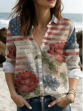 Αμερικανική Ημέρα Ανεξαρτησίας Γυναικεία Μπλούζα Κουμπιά Τύπωμα Γραφικό Σημαία Αμερικής Επέτειος Vintage Στυλάτη Σύγχρονη Μακρύ Μανίκι Κολάρο Κανονικά Κορυφαίες Καθημερινές Μπλε Μαύρο Λευκό Ανοιχτό