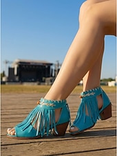 preiswerte Frauen-Blaue Bohemiao-Fransen-Peep-Toe-Sandalen für Damen mit Blockabsatz – Sommerschuhe im Western-Stil mit offener Spitze für Musikfestivals und Freizeitausflüge