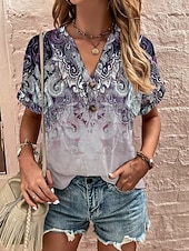 abordables T-shirt Boho-Mujer Camiseta Camiseta superior Botones Estampado Ombre Floral Graphic Bohemia Vintage Manga Corta Escote en Pico Tops largos Diario Noche Fin de semana Azul Piscina Morado Verde Trébol Verano