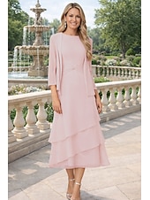 economico Set di abiti per la mamma-Tubino Colonna Lunghezza Tè Abito da invitata a nozze Abito da cerimonia per signora Manica 3/4 Collo gioiello Elegante Ospite di nozze Chiffon Con Stola con Arricciatura